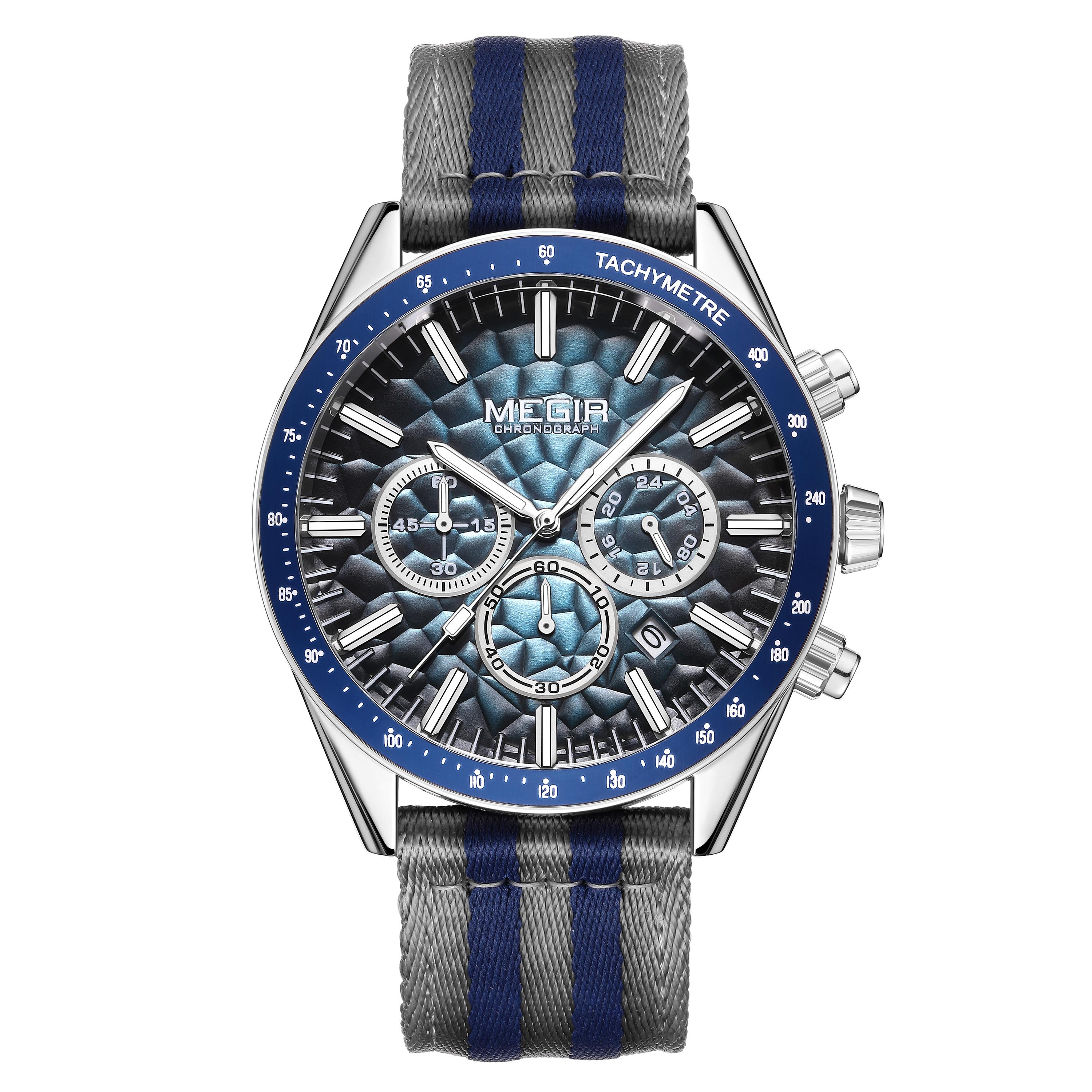 

MEGIR Men s Sport Chronograph Watch, Outdoor Casual Quartz Wristwatch, 3ATM Water Resistance, Striped Canvas Band, Date Display серебряный серый