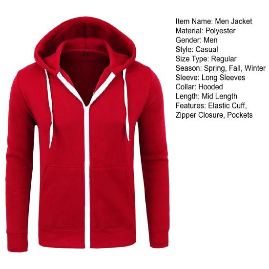 Fall Winter Men Jacket Hooded Drawstring Zip-up Long Sleeves Solid Color Cardigan Elastic Cuff Pockets Mid