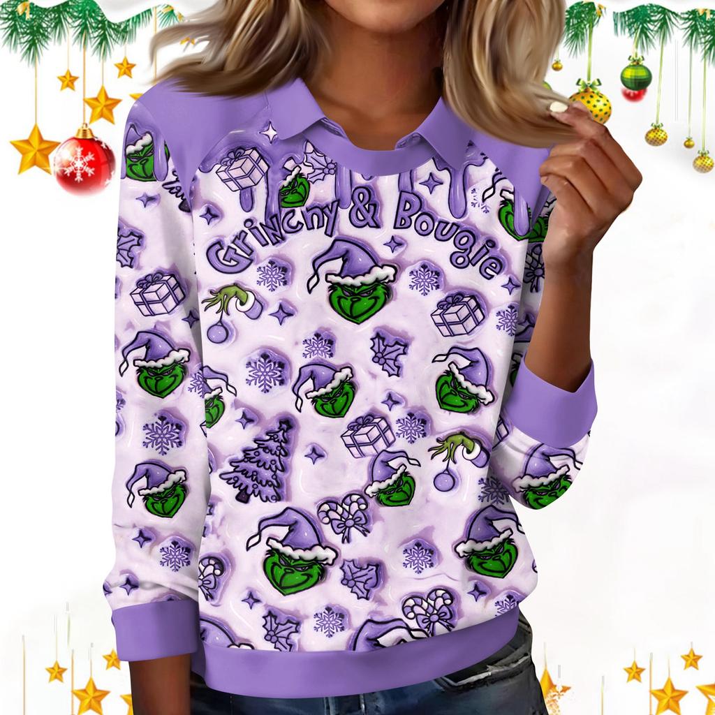 Damenmode Weihnachts-Print Revers Langarm Lässiges Rundhals-T-Shirt Top