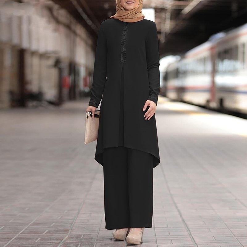 Hot-selling Middle Eastern Muslim Women's Suit Spring and Autumn Lace Long-sleeved Top Wide-leg Pants