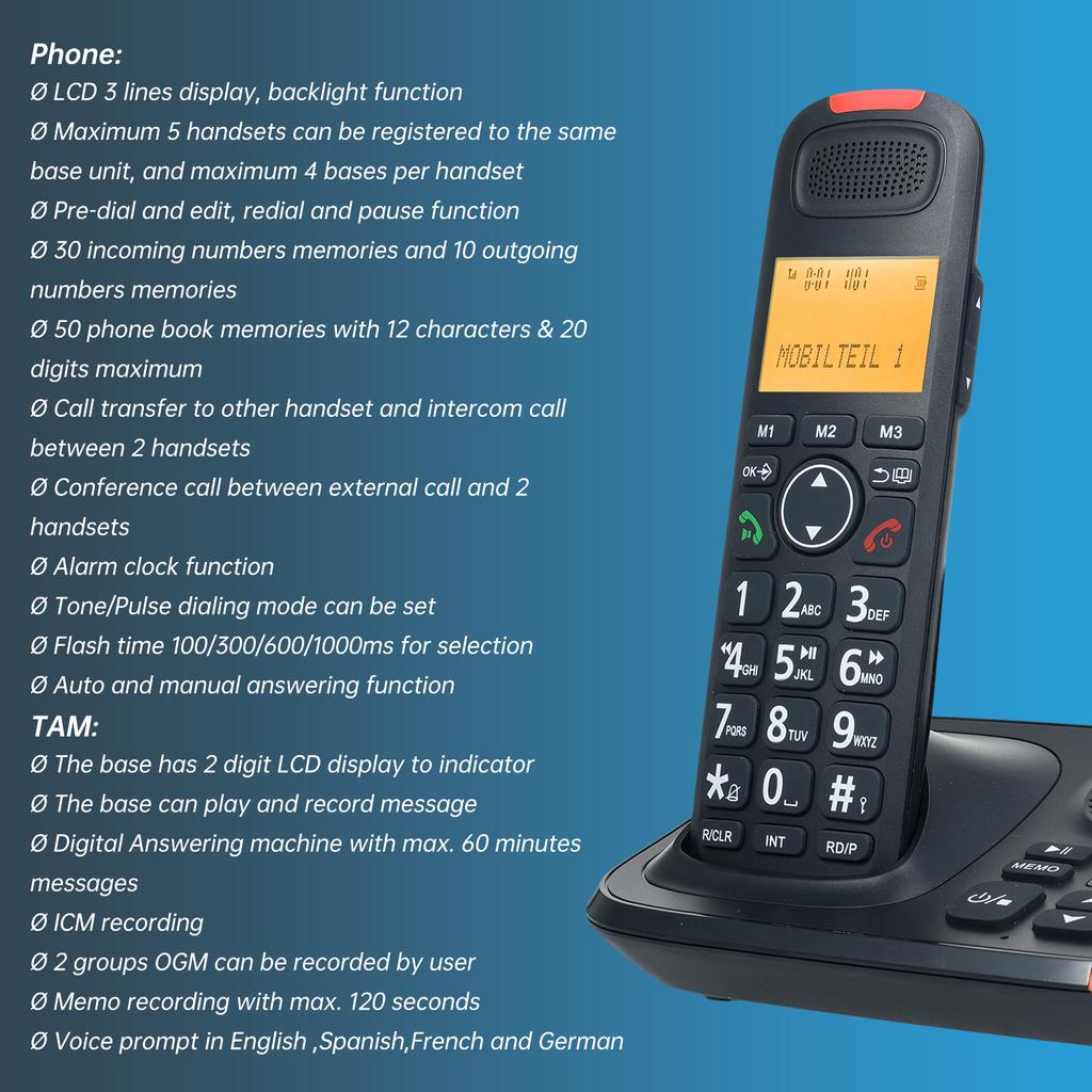 Bisofice Cordless Expandable Phone System 2-Handset with Telephone Answering 3 Lines Display Caller 0 Phone Book Memories Hands- Calls