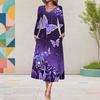 Women Plus Size V Neck Long Sleeve Purple Butterfly Floral Print Midi Dress With Pockets