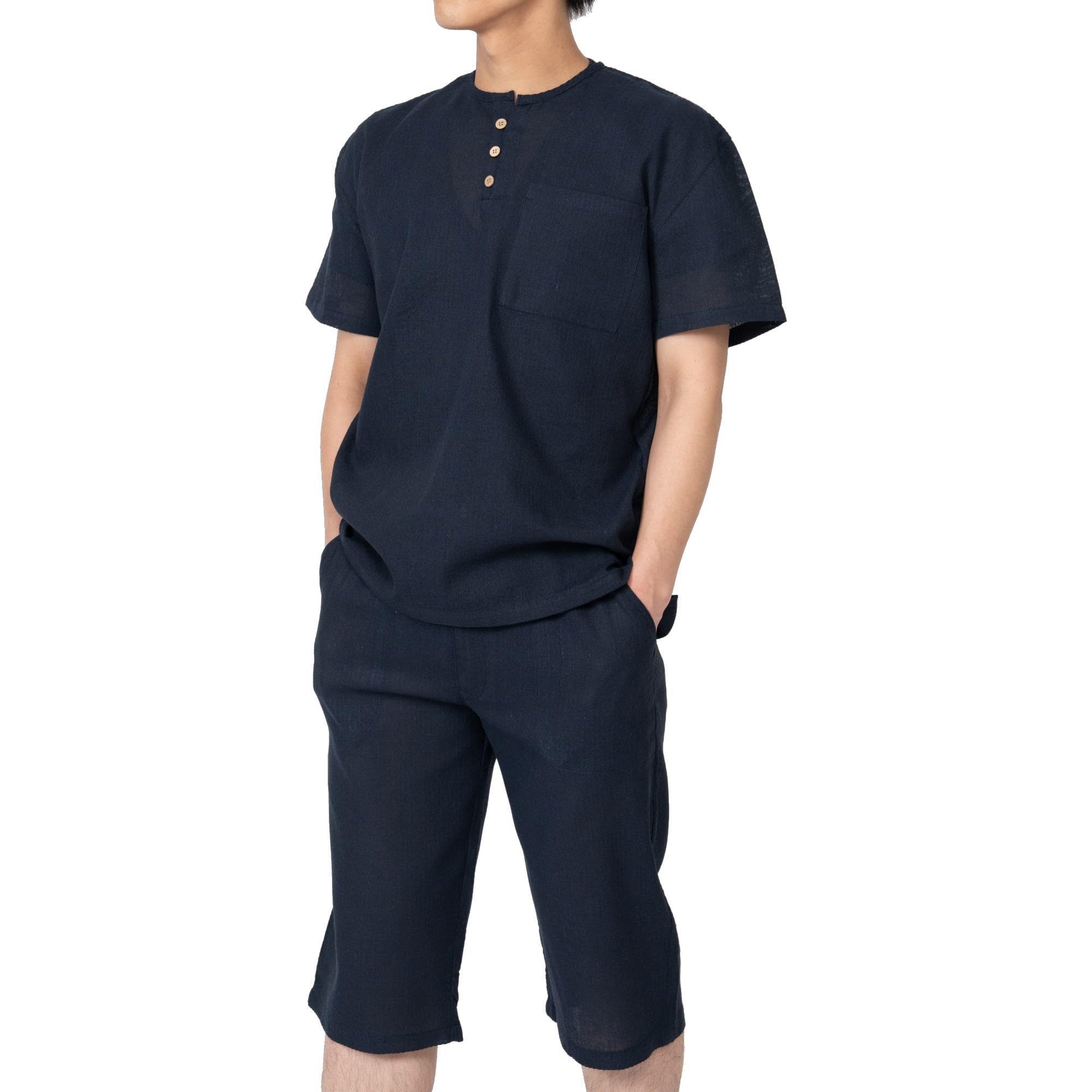 

Morioru Shijira Woven Jinbei for Men, Size L, Navy Blue [Henley Shirt and 3/4 Length Pants, 100% Cotton, Men s Summer Loungewear, Gift]