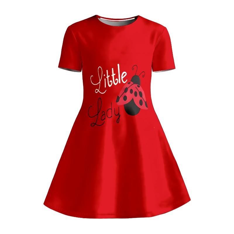 Little Girls Denim Floral Lace Bow Kpop Cartoon Girl Ladybug Letter Print Round Neck Short Sleeve A-Line Kids Summer Swing Dress