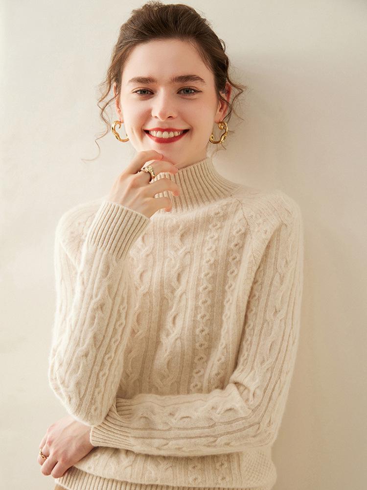 Damski sweter kaszmirowy z warkoczowym splotem - Półwysoki dekolt, Luźny krój, Obniżone ramię, Długi rękaw, Pogrubiony pulower