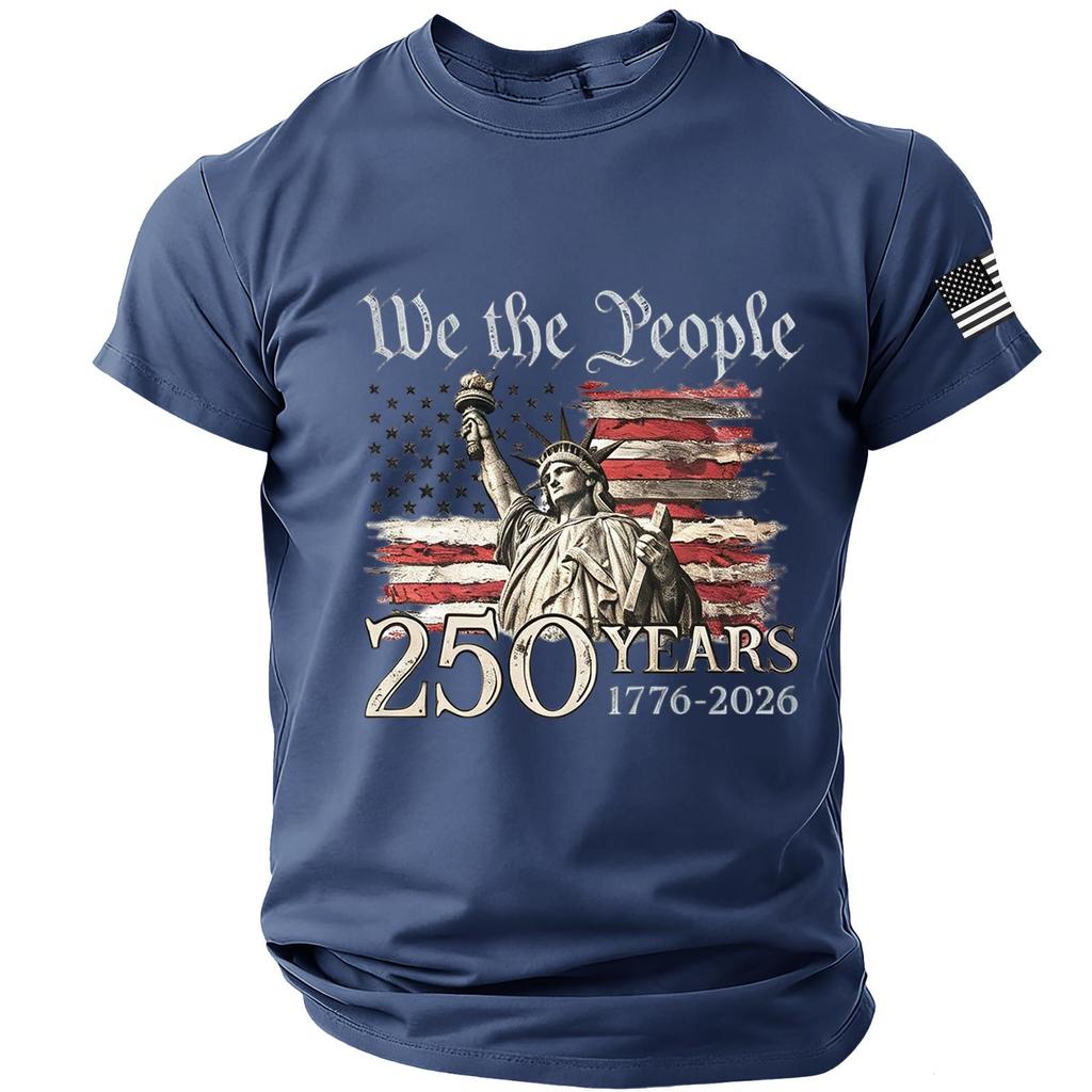 Męska koszulka z krótkim rękawem i okrągłym dekoltem z nadrukiem Statuy Wolności i flagi We The People 250 lat 1776 2026