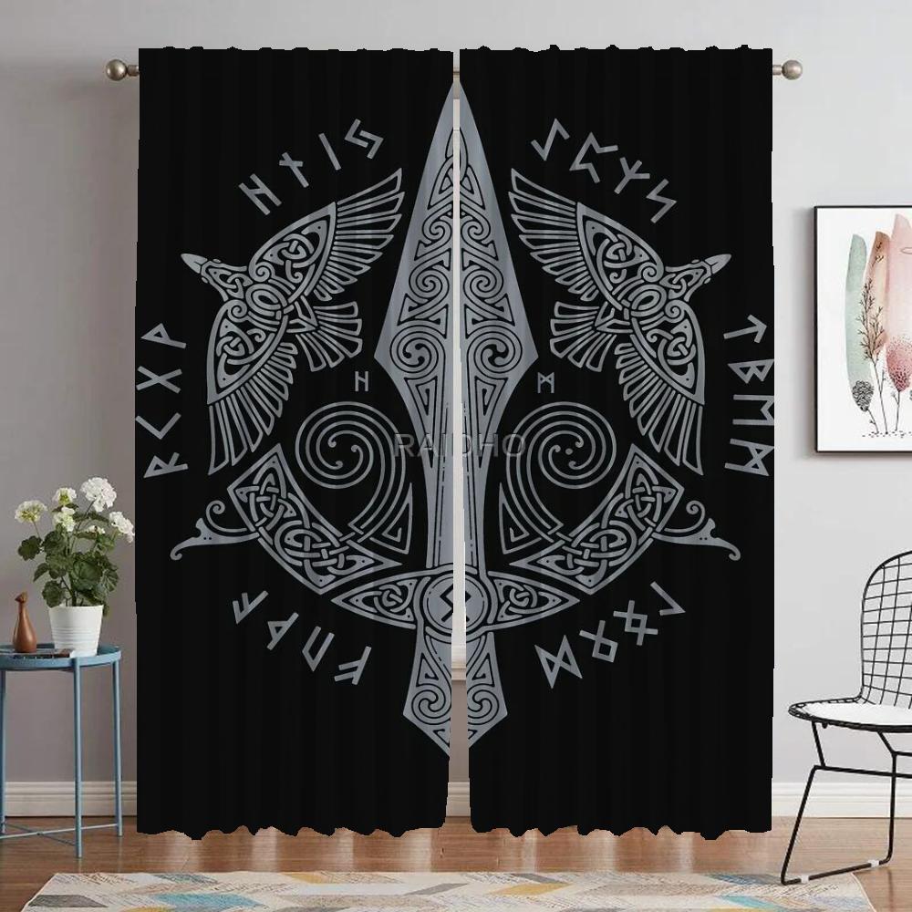 Vikings Odins Ravens Muninn Kitchen Curtains for Living Room Partition Blackout Curtain for Room 2 Panel Halloween Decoration