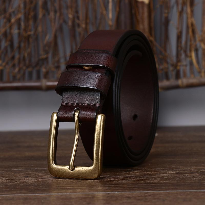 Belt Men's Wide Pure Brass Buckle Leather Pin Buckle First Layer Pure Cattlehide Stylish Simple and Versatile Casual Pants Belt