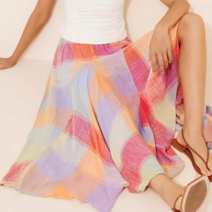 Jupe Midi à Taille Haute A-Line pour Femme, Stretch Moyen, Imprimé Carreaux Colorés, Plissée, Fluide, Décontractée, Été, Maxi