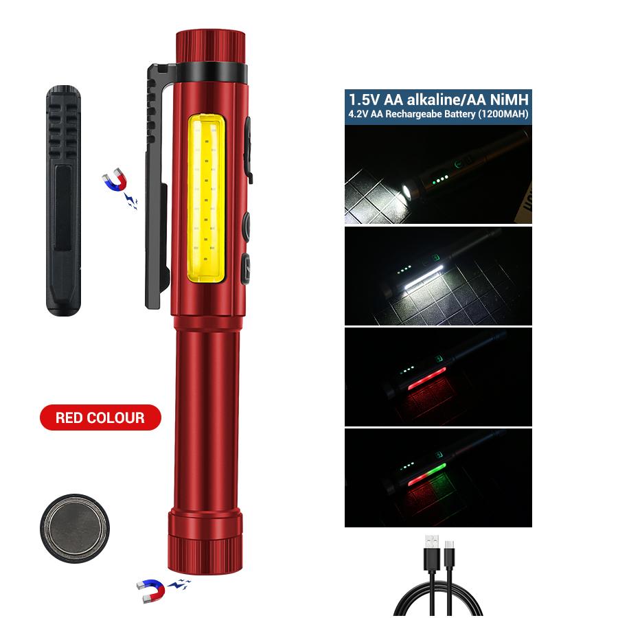 Type-c Rechargeable Mini LED Flashlights Pocket Clip Penlight COB Red And Green Flashes Dual Magnetic Design Waterproof Torch