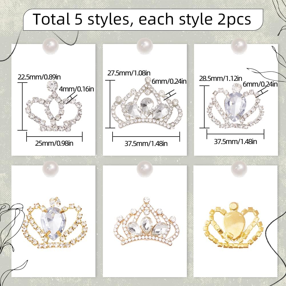 SUNNYCLUE 1 Box 10Pcs Crown Embellishments Rhinestone Crown Charms Crystal Rhinestone Crown Embellishment Flatback Charms for Jewelry Making DIY Hair