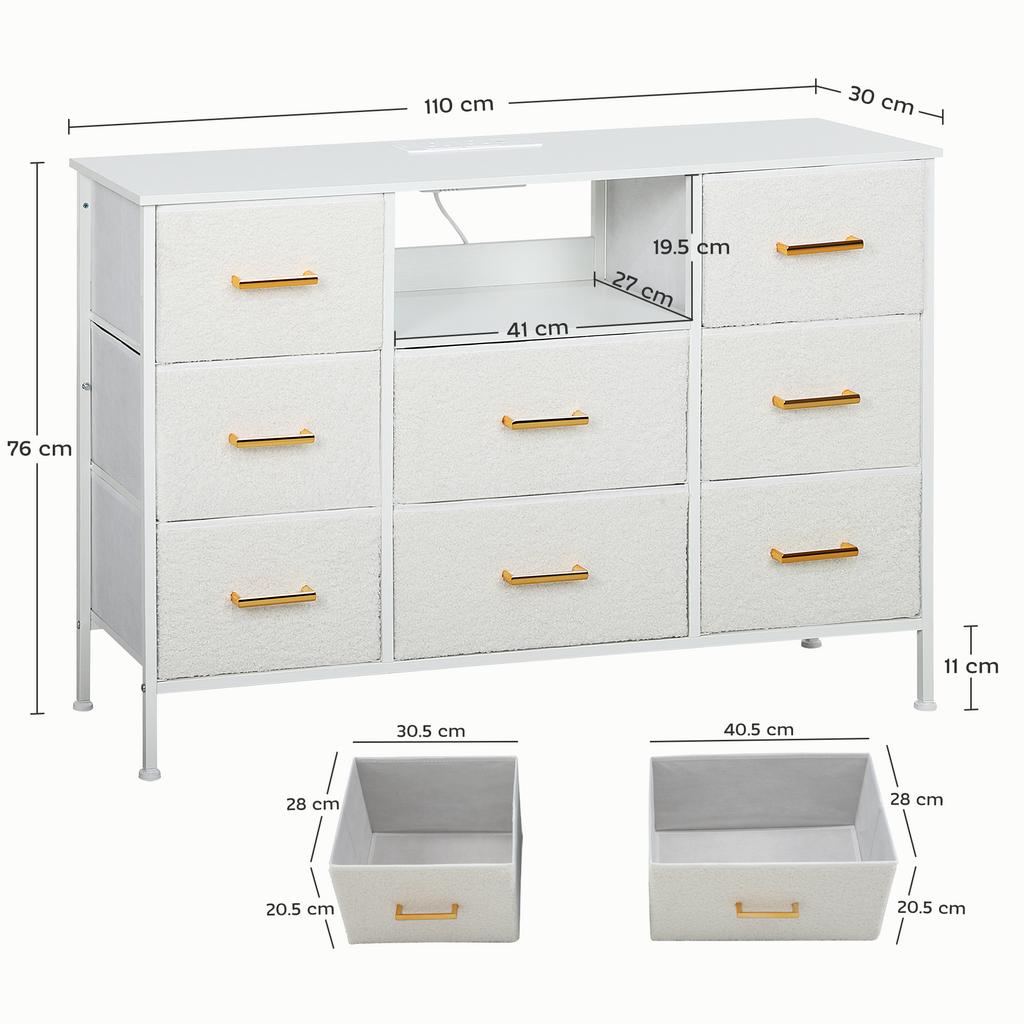 Boucle Chest of Drawers, 8 Fabric Drawers Storage Organiser with Charging Station, 2 USB and 2 AC Ports, Steel Frame, Fabric Dresser for Living Room