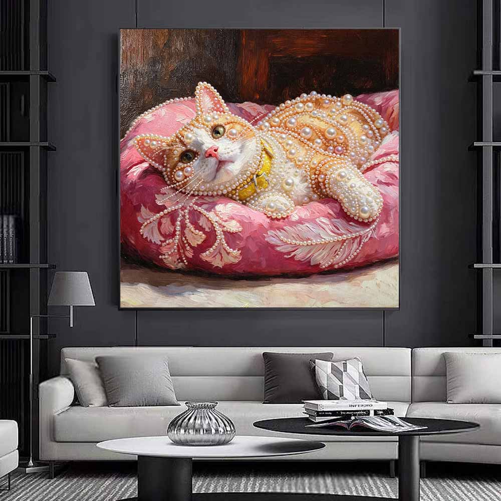 Kit Pittura Diamante Perle Artistiche Gatto Arancione Piccolo Fatto a Mano 30x30cm Senza Cornice Pittura Floreale con Perle Diamantate, Kit Creativo per Decorazione Parete Casa e Appassionati di Hobby