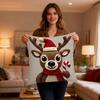 Christmas Pillow Cover 18x18 Inch Linen Soft Elk Deer Pattern Cushion Case Farmhouse Holiday Home Living Room Decor Xmas Gifts