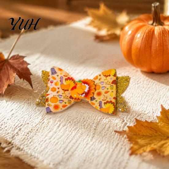 Faux Leather Hair Clips Thanksgiving Turkey Bow Clip for Girls, Decorative Pins, Autumn Seasonal Pieces Double Layer Glitter Clip, Cute Holiday Party