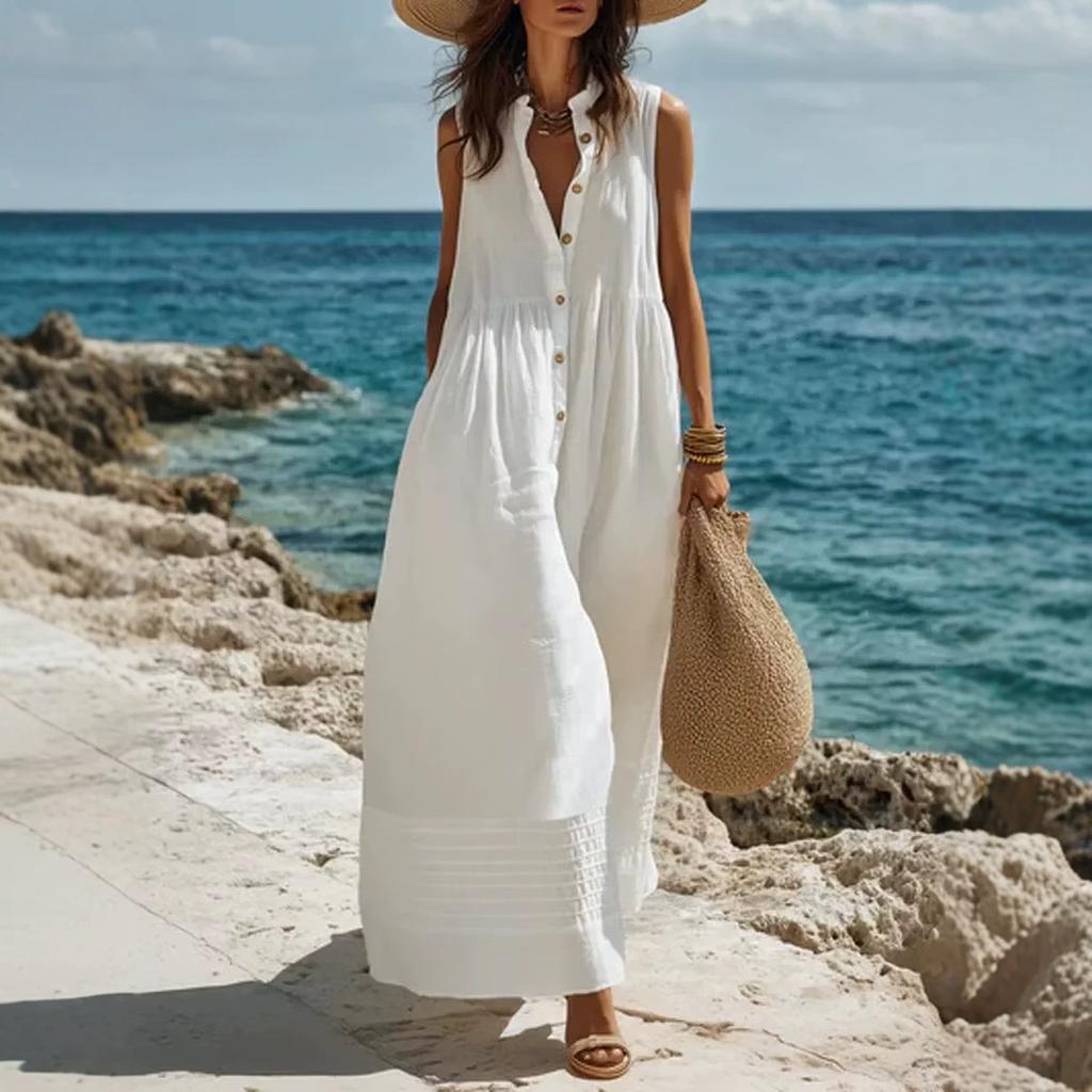 New European and American holiday style fashion casual big v-neck sleeveless big swing dress