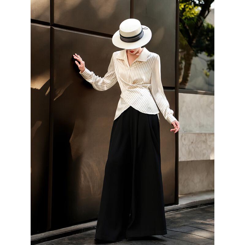 Lanser 2026 Spring Striped Lapel Waist-Tie Shirt