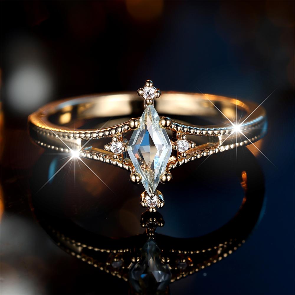 Aqua Blue Crystal Geometric Zircon Stone Rings For Women Vintage Trendy Gold Color Engagement Bands Wedding Jewelry Bridal Gifts