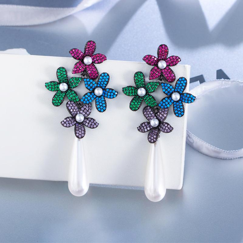 Needle Light Luxury Elegant Full Zircon Colored Flower Pearl Earrings Catwalk Water Drop Pearl Earrings Ear Jewelry