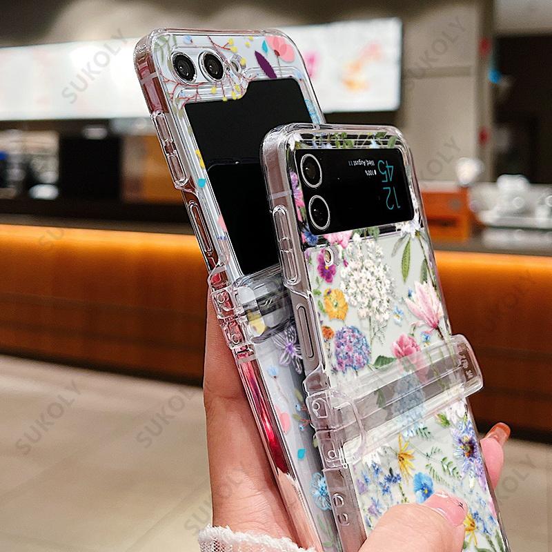 Flower Pattern Clear Case For Samsung Galaxy Z Flip 7 FE 6 5 4 3 Transparent Hard Folding Cover For Samsung Z Flip5 Flip4 Flip6