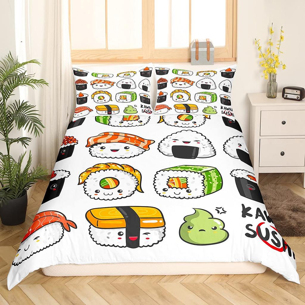 Japanese Sushi King Queen Duvet Cover Little Cat Bedding Set Novelty Cartoon Pet Animal Japan Food White Polyester Quilt Cover