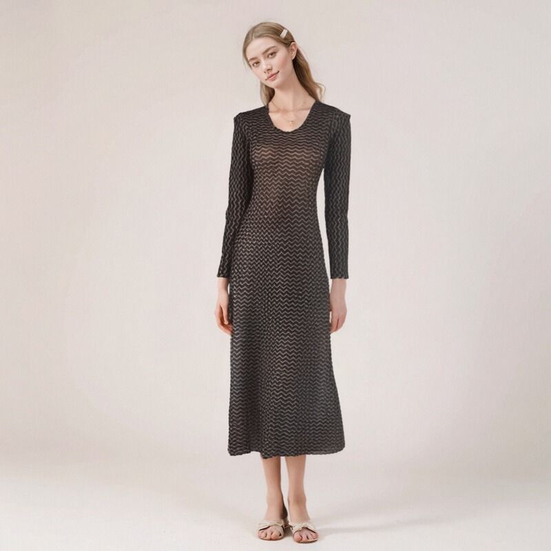 

Style New round Neck Color Matching Striped Knitted One piece Dress Women clothing Waist Hugging Slimming Perspective Sexy A Word Expansion Skirt Black All yards