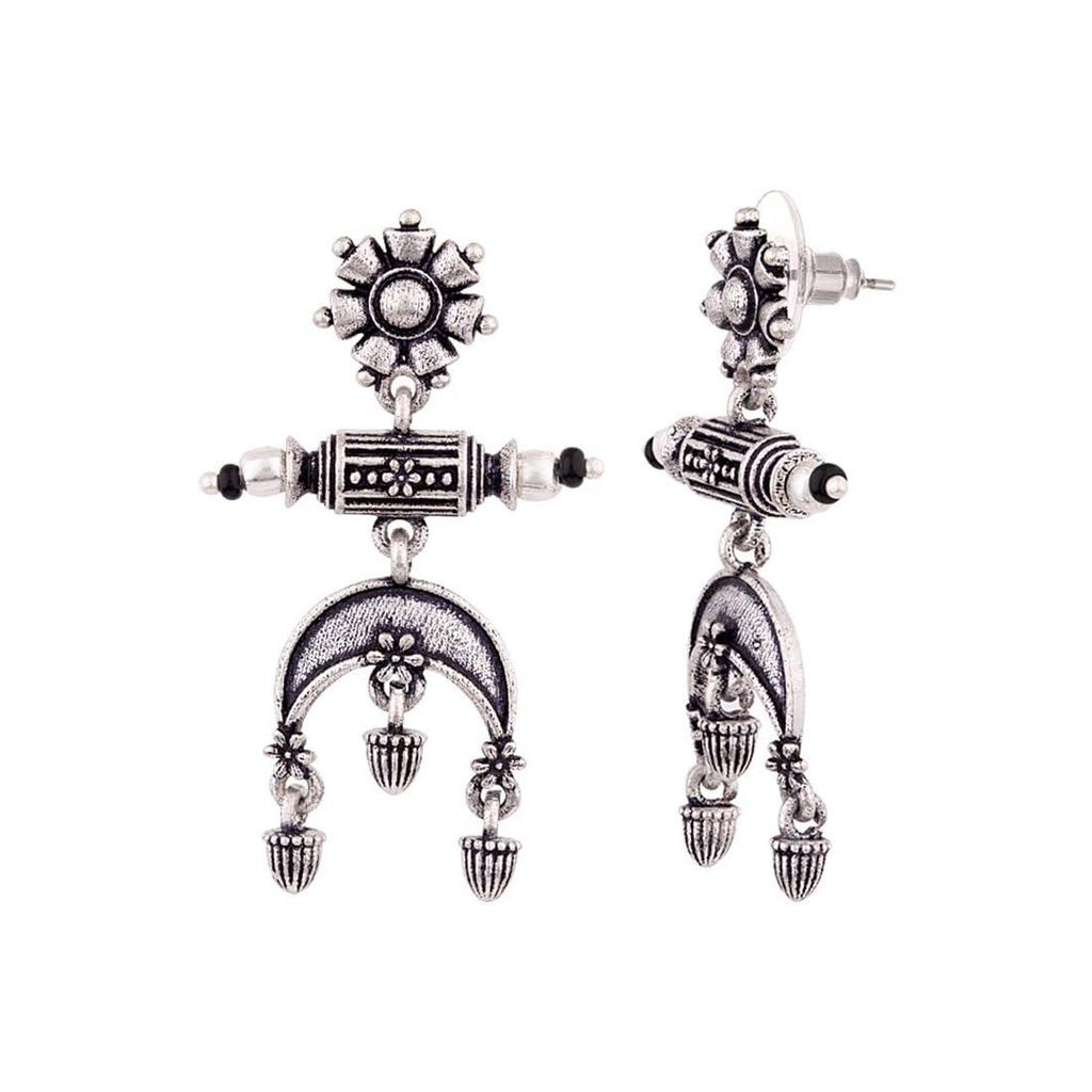 Oxidised Silver Plating Brass Floral Motifs Dangler Earrings for Women and Girls, Boho/Tribal Style
