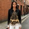 Women's Casual Christmas Print Long Sleeve Button Blouse with Lapel Collar and Side Slits