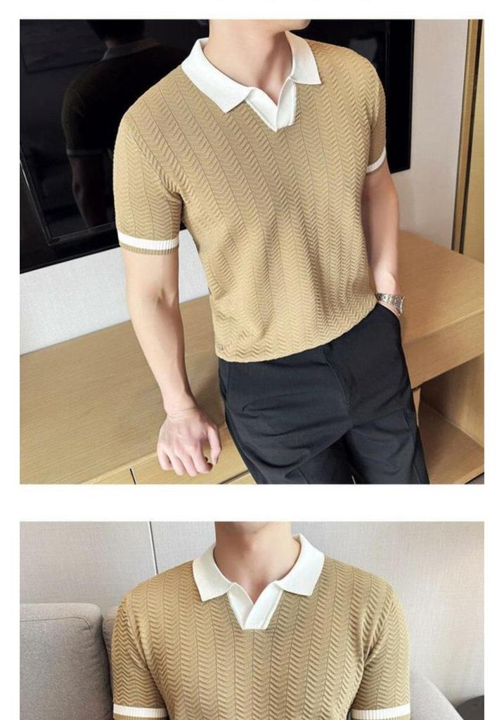 Men's Luxury Summer Jacquard Wave Pattern Polo Shirt - Short Sleeve Knit with Lapel and Color Block Design