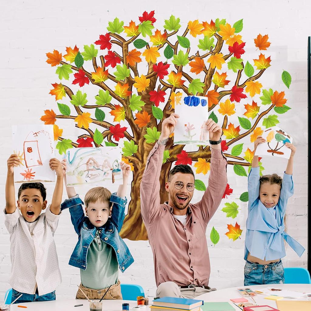 Gersoniel 90 Pieces Classroom Tree Bulletin Board Decorations Conversation Fall Leaves Cutouts Autumn Stickers for Classroom Home Wall Decor(Natural