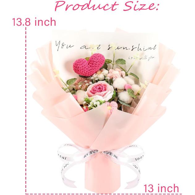 Crochet Rose Flower Bouquet - Handmade Rose Artificial Flowers for Holiday Wedding Graduation Anniversary Birthday Home Decoration (Pink)