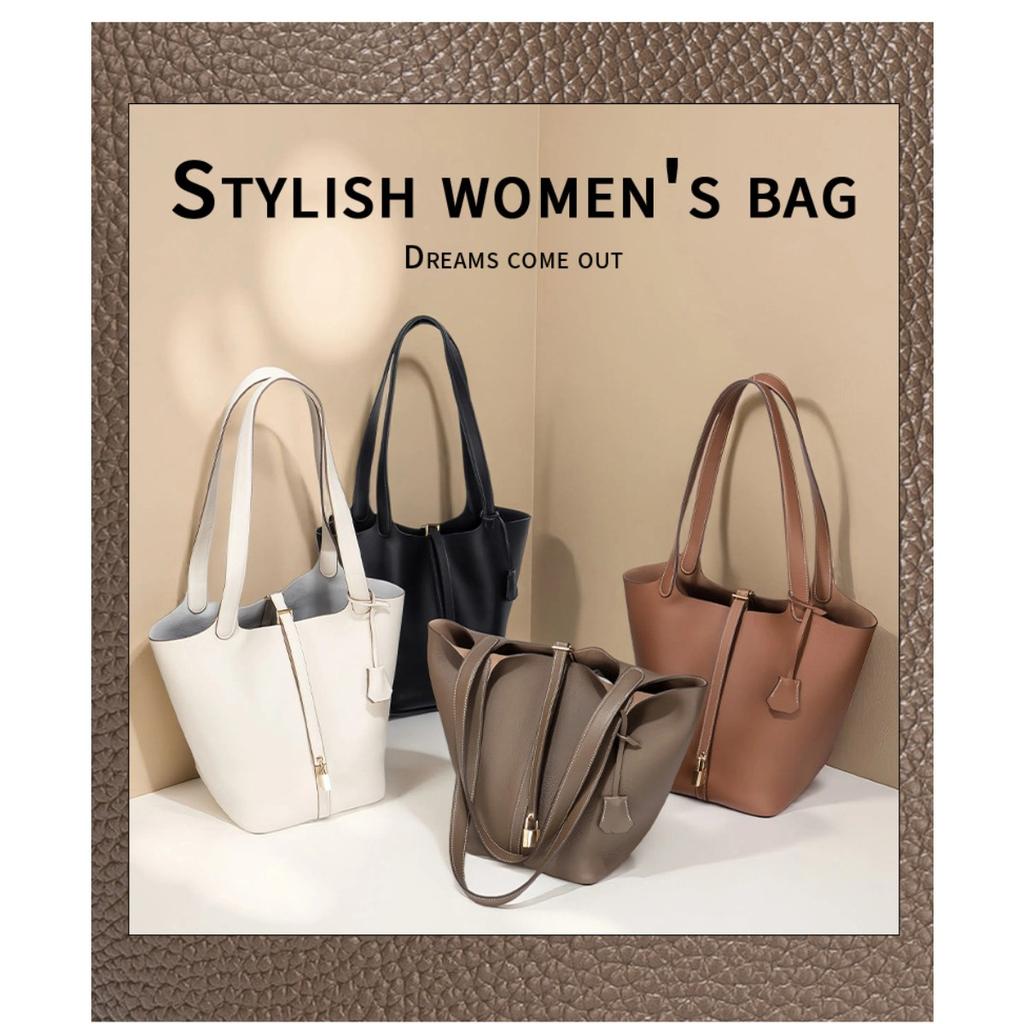 Large High-quality Leather Shoulder Vegetable Basket Bag, First-layer Cowhide, High-end Exquisite Portable Bucket Bag, Women's Bag.