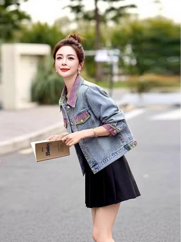 Women's Retro Patchwork Denim Jacket - Color Block Petite, Versatile & Casual for Spring/Autumn 2025