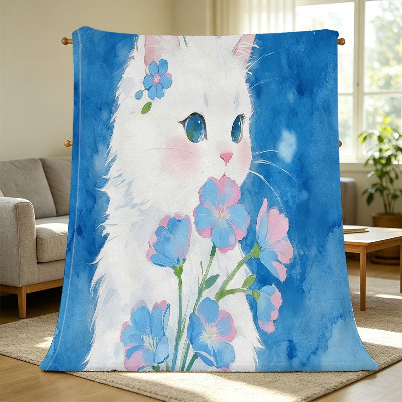 Soft Flannel Throw Blanket Solid Color Cat & Floral Pattern, Cozy Warm Home Throw, Perfect for Halloween & Christmas