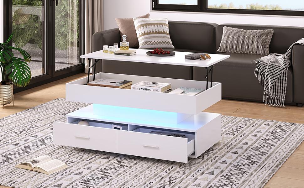 100*50*44cm Hydraulic Height-Adjustable Coffee Table, with LED Lighting, Bluetooth App Control, 2 Drawers and Open Storage, White Liftable