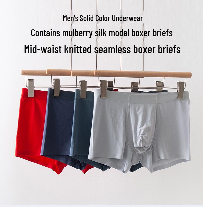 Men's Seamless Boxer Briefs: Mulberry Silk & Modal, Mid-Rise Waist, Solid Colors
