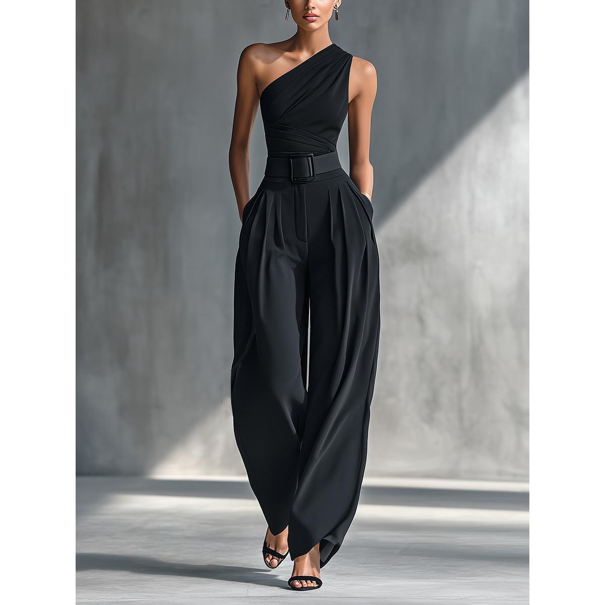 Women s One Shoulder Ruched Sleeveless Belted High Waist Wide Leg Pants Two Piece Formal Outfit S