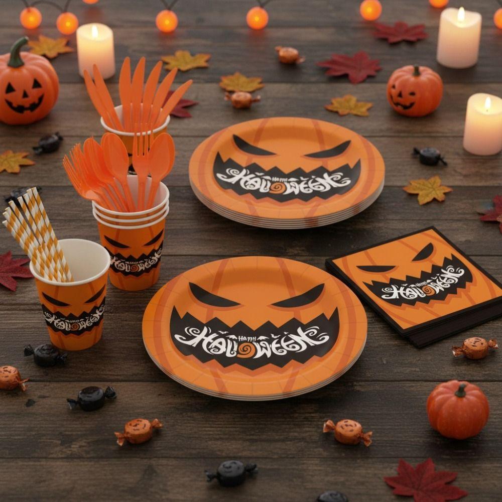Pumpkin Pattern Disposable Plate Cup Set Decorative Disposable Utensils Set Home