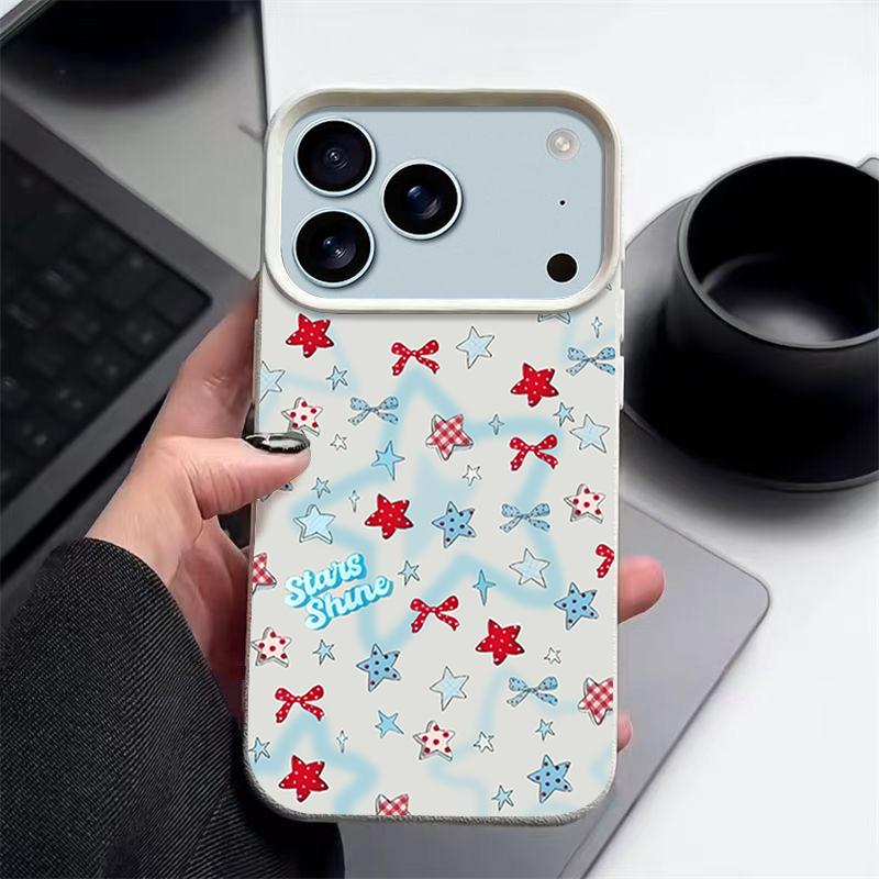 

For iPhone 17 Pro Max Case Luxury Blue Stars Bowknots Pattern Leather Texture Silicone Cover For iPhone 16 Pro Max 15 14 13 12 11 16E Air iPhone 11 бежевий
