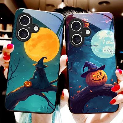 Witch Pumpkin Lantern For For iPhone 16E 15 14 13 Plus 12 Mini 11 Pro Max XR Xs X 7 8 6S 22 20 Black Tempered Glass Phone Case