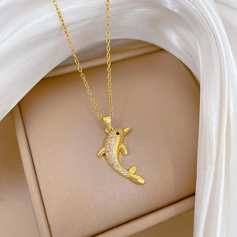 Stainless Steel Chain Necklace Cute Zircon Dolphin Pendant Necklace for Women Girls Gold Color Animal Jewelry Gifts for Lover