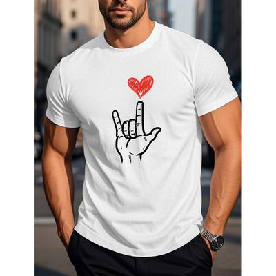 Men'S Valentine'S Day I Love You Graphic T-Shirt - Casual Short Sleeve Round Neck Summer Top with Red Heart Hand Symbol, Breathable for Casual Attire