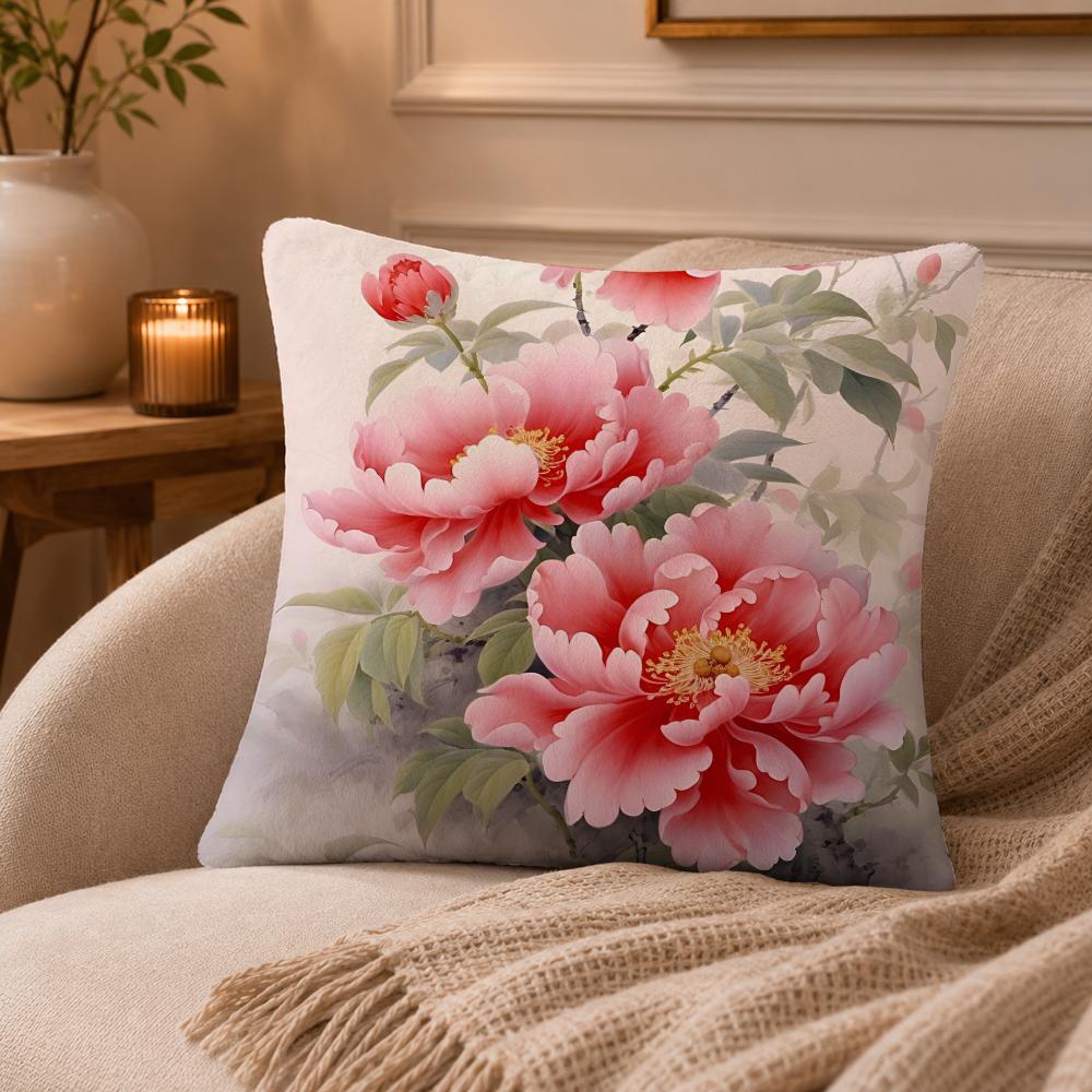 Peony Cushion Cover Anti-dustmite Pillowcase Invisible Zipper Silky Short Plush Sofa Cushion Cover