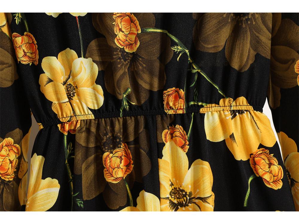 2022 European & American Floral A-Line Dress - Spring, Long Sleeve, Round Neck, Slim Fit