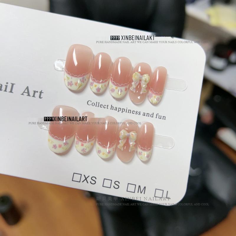 Hand-Painted Lolita Floral Dress with Lace Trim & French Blush Press-On Nails