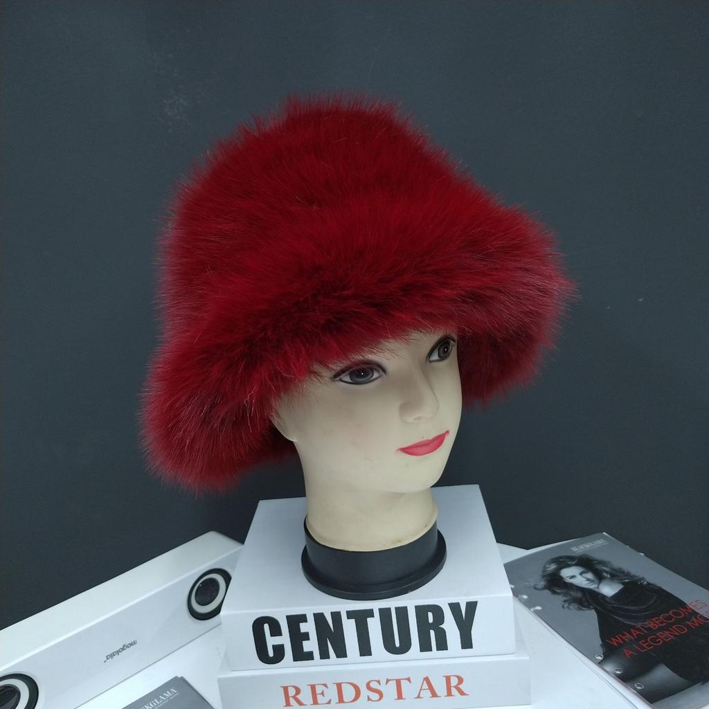 Autumn and winter imitation fox hair bucket hat women's cold and warm ear protection Mongolian hat fashion show small face