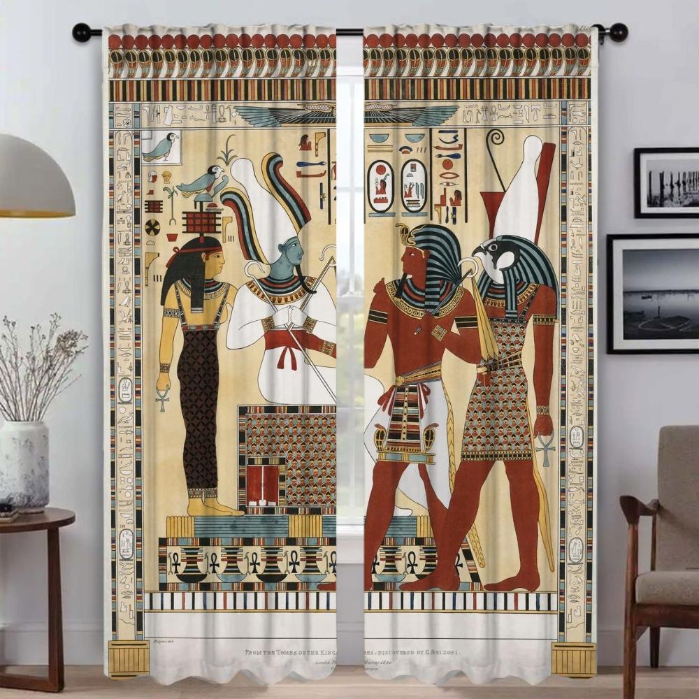 

Set Of 2 Anti Mosquito Curtains Egyptian Stone Statues Curtain Room Panel Shades Halloween Decoration Partition Blackout Made Polyester W100*H130(CM)-Hooks&2PCS