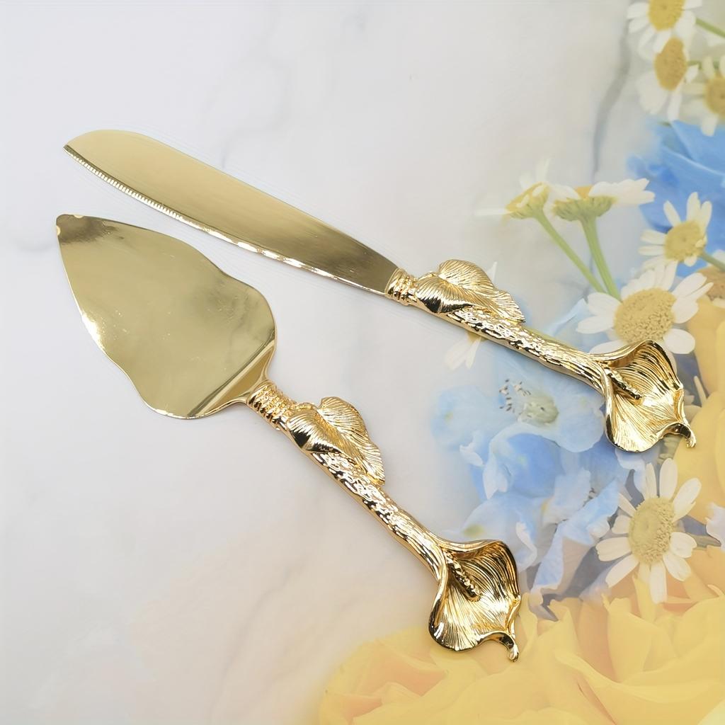 2 Stück Goldenes Hufeisen Lotus Design Hochzeitstortenmesser Set, Europäisches Geburtstagsfestival Kuchen Pizza Schneidemesser Schaufel Set, Mit exquisitem Griff