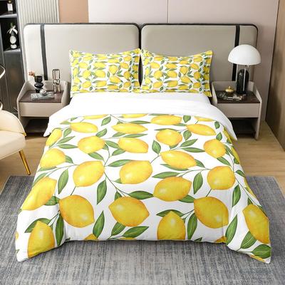 Nature Bedspread, Lemon Tre Branches Gardening Design, Decorative Quilted 3 Piece Coverlet Set Featuring 2 Pilow Shams, Ful Sized Dimensions