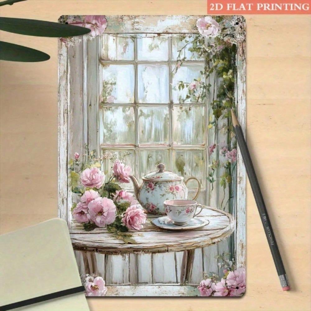 Vintage Metal Wall Art Roses Tea Set Waterproof Painting